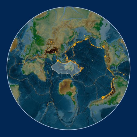 Téléchargez les photos : Plaque tectonique australienne sur la carte physique d'altitude dans la projection Lagrange Oblique centrée méridionale et latitudinale. Lieux des tremblements de terre de plus de 6,5 magnitude enregistrés depuis le début du 17ème siècle - en image libre de droit