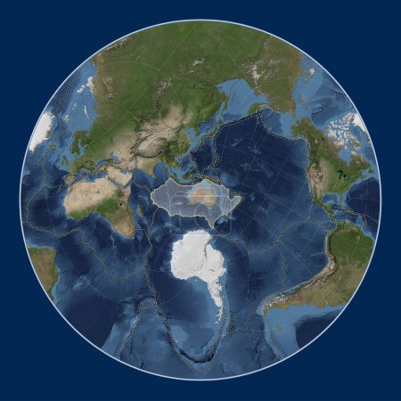 Foto de Placa tectónica australiana en el mapa satélite de mármol azul en la proyección Lagrange Oblique centrada meridional y latitudinalmente. Límites de otras placas - Imagen libre de derechos