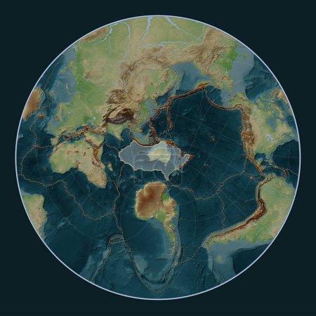 Téléchargez les photos : Plaque tectonique australienne sur la carte d'altitude de style Wiki dans la projection Lagrange Oblique centrée méridionale et latitudinale. Distribution des volcans connus - en image libre de droit
