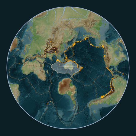 Téléchargez les photos : Plaque tectonique australienne sur la carte d'altitude de style Wiki dans la projection Lagrange Oblique centrée méridionale et latitudinale. Lieux des tremblements de terre de plus de 6,5 magnitude enregistrés depuis le début du 17ème siècle - en image libre de droit