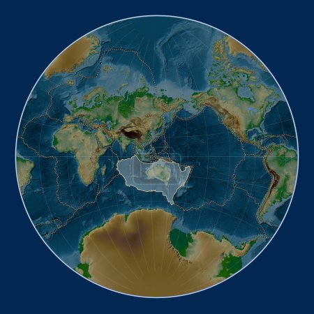 Foto de Placa tectónica australiana en el mapa de elevación física en la proyección de Lagrange centrada meridionalmente. Límites de otras placas - Imagen libre de derechos