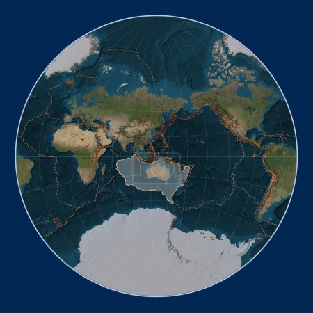 Foto de Placa tectónica australiana en el mapa satélite de mármol azul en la proyección de Lagrange centrada meridionalmente. Distribución de volcanes conocidos - Imagen libre de derechos