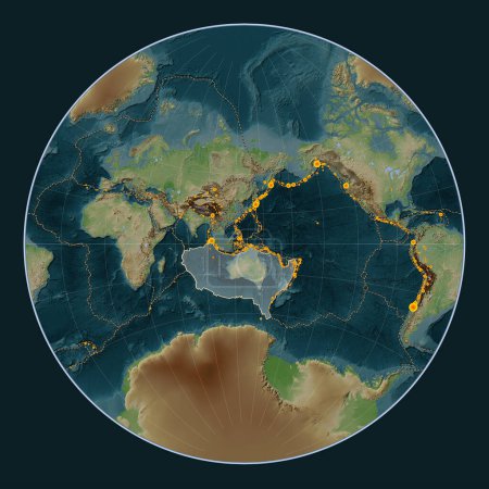 Foto de Placa tectónica australiana en el mapa de elevación de estilo Wiki en la proyección de Lagrange centrada meridionalmente. Localizaciones de terremotos de magnitud superior a 6,5 registradas desde principios del siglo XVII - Imagen libre de derechos