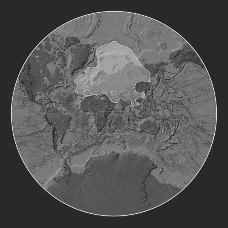 Foto de Placa tectónica eurasiática en el mapa de elevación bilevel en la proyección de Lagrange centrada meridionalmente. Límites de otras placas - Imagen libre de derechos