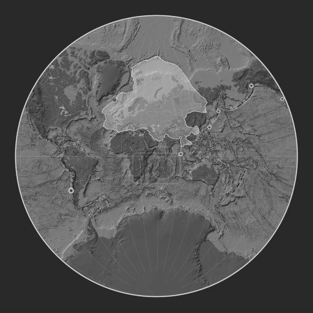 Foto de Placa tectónica eurasiática en el mapa de elevación bilevel en la proyección de Lagrange centrada meridionalmente. Localizaciones de terremotos de magnitud superior a 6,5 registradas desde principios del siglo XVII - Imagen libre de derechos