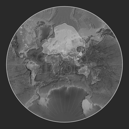 Foto de Placa tectónica eurasiática en el mapa de elevación a escala de grises en la proyección de Lagrange centrada meridionalmente. Límites de otras placas - Imagen libre de derechos