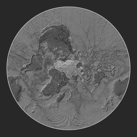 Téléchargez les photos : Plaque tectonique eurasienne sur la carte de l'élévation bilevel dans la projection Lagrange Oblique centrée méridionale et latitudinale. Lieux des tremblements de terre de plus de 6,5 magnitude enregistrés depuis le début du 17ème siècle - en image libre de droit