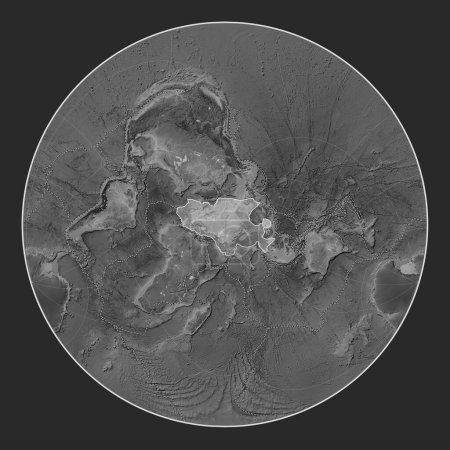 Téléchargez les photos : Plaque tectonique eurasienne sur la carte d'altitude en niveaux de gris dans la projection Lagrange Oblique centrée méridionale et latitudinale. Limites des autres plaques - en image libre de droit
