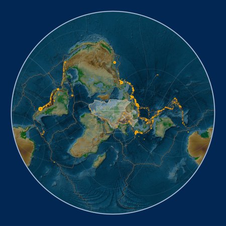 Téléchargez les photos : Plaque tectonique eurasienne sur la carte physique d'altitude dans la projection Lagrange Oblique centrée méridionale et latitudinale. Lieux des tremblements de terre de plus de 6,5 magnitude enregistrés depuis le début du 17ème siècle - en image libre de droit