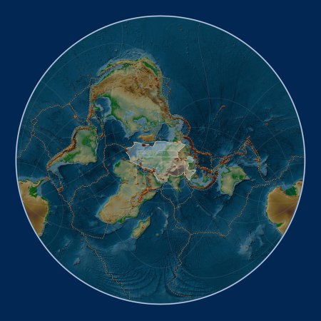 Téléchargez les photos : Plaque tectonique eurasienne sur la carte physique d'altitude dans la projection Lagrange Oblique centrée méridionale et latitudinale. Distribution des volcans connus - en image libre de droit