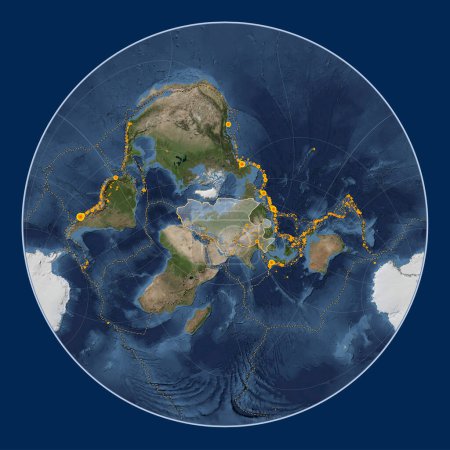 Foto de Placa tectónica euroasiática en el mapa satélite de mármol azul en la proyección Lagrange Oblique centrada meridional y latitudinalmente. Localizaciones de terremotos de magnitud superior a 6,5 registradas desde principios del siglo XVII - Imagen libre de derechos