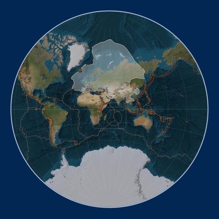 Foto de Placa tectónica eurasiática en el mapa satélite de mármol azul en la proyección de Lagrange centrada meridionalmente. Distribución de volcanes conocidos - Imagen libre de derechos