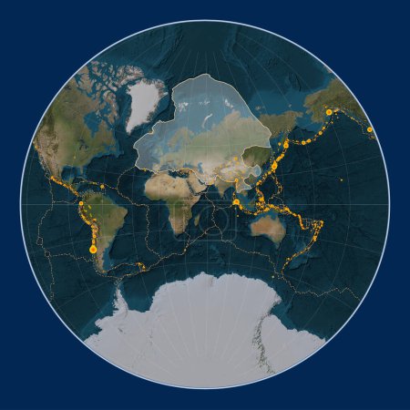 Foto de Placa tectónica eurasiática en el mapa satélite de mármol azul en la proyección de Lagrange centrada meridionalmente. Localizaciones de terremotos de magnitud superior a 6,5 registradas desde principios del siglo XVII - Imagen libre de derechos