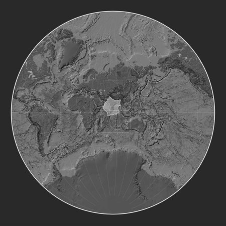 Foto de Placa tectónica india en el mapa de elevación bilevel en la proyección de Lagrange centrada meridionalmente. Límites de otras placas - Imagen libre de derechos