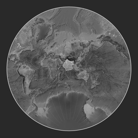 Photo for Indian tectonic plate on the grayscale elevation map in the Lagrange projection centered meridionally. Boundaries of other plates - Royalty Free Image