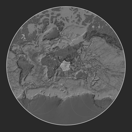 Téléchargez les photos : Plaque tectonique indienne sur la carte de l'altitude de bilevel dans la projection Lagrange Oblique centrée méridionale et latitudinale. Limites des autres plaques - en image libre de droit