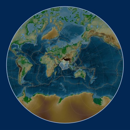 Téléchargez les photos : Plaque tectonique indienne sur la carte physique de l'altitude dans la projection Lagrange Oblique centrée méridionale et latitudinale. Limites des autres plaques - en image libre de droit