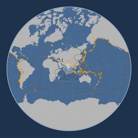 Téléchargez les photos : Plaque tectonique indienne sur la carte de contour solide dans la projection Lagrange Oblique centrée méridionale et latitudinale. Lieux des tremblements de terre de plus de 6,5 magnitude enregistrés depuis le début du 17ème siècle - en image libre de droit