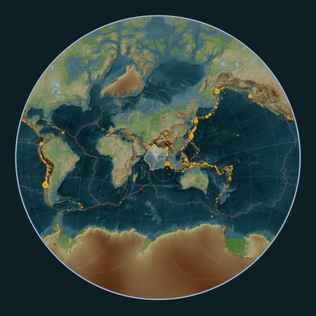 Foto de Placa tectónica india en el mapa de elevación de estilo Wiki en la proyección Lagrange Oblique centrada meridional y latitudinalmente. Localizaciones de terremotos de magnitud superior a 6,5 registradas desde principios del siglo XVII - Imagen libre de derechos