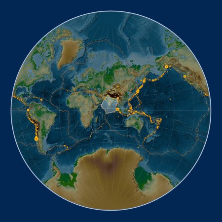 Photo for Indian tectonic plate on the physical elevation map in the Lagrange projection centered meridionally. Locations of earthquakes above 6.5 magnitude recorded since the early 17th century - Royalty Free Image