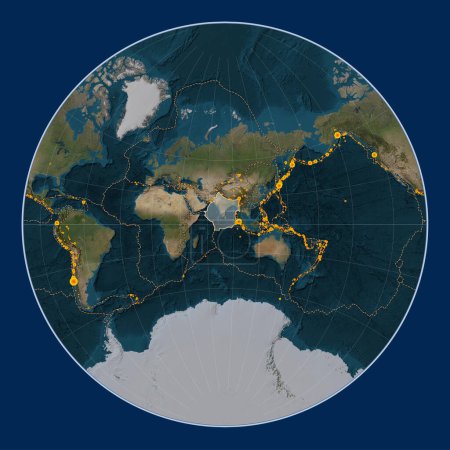 Foto de Placa tectónica india en el mapa satélite de mármol azul en la proyección de Lagrange centrada meridionalmente. Localizaciones de terremotos de magnitud superior a 6,5 registradas desde principios del siglo XVII - Imagen libre de derechos