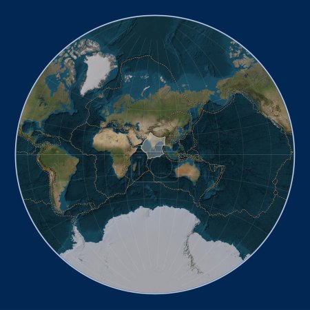 Photo for Indian tectonic plate on the Blue Marble satellite map in the Lagrange projection centered meridionally. Boundaries of other plates - Royalty Free Image