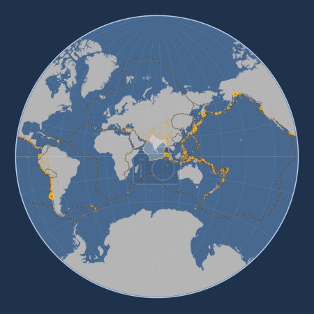 Téléchargez les photos : Plaque tectonique indienne sur la carte de contour solide dans la projection Lagrange centrée méridionale. Lieux des tremblements de terre de plus de 6,5 magnitude enregistrés depuis le début du 17ème siècle - en image libre de droit