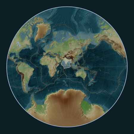 Photo for Indian tectonic plate on the Wiki style elevation map in the Lagrange projection centered meridionally. Boundaries of other plates - Royalty Free Image