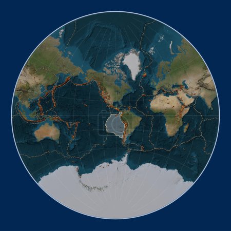 Téléchargez les photos : Plaque tectonique Nazca sur la carte satellite Blue Marble dans la projection Lagrange centrée méridionale. Distribution des volcans connus - en image libre de droit