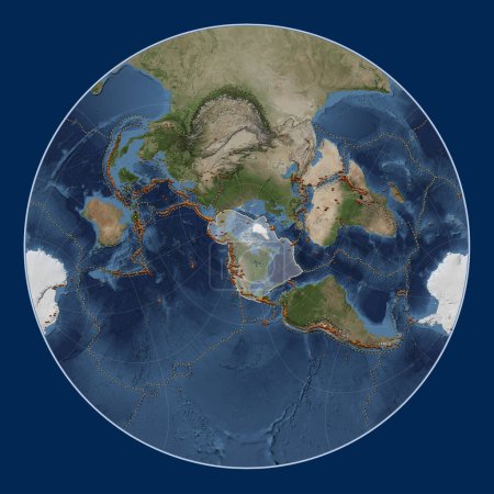 Téléchargez les photos : Plaque tectonique nord-américaine sur la carte satellite Blue Marble dans la projection Lagrange Oblique centrée méridionale et latitudinale. Distribution des volcans connus - en image libre de droit