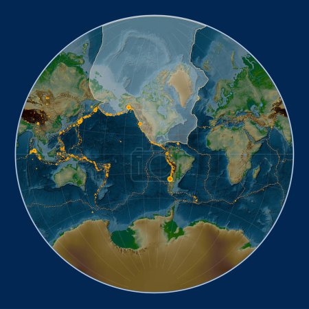 Foto de Placa tectónica norteamericana en el mapa de elevación física en la proyección de Lagrange centrada meridionalmente. Localizaciones de terremotos de magnitud superior a 6,5 registradas desde principios del siglo XVII - Imagen libre de derechos
