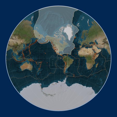Foto de Placa tectónica norteamericana en el mapa satélite de mármol azul en la proyección de Lagrange centrada meridionalmente. Distribución de volcanes conocidos - Imagen libre de derechos