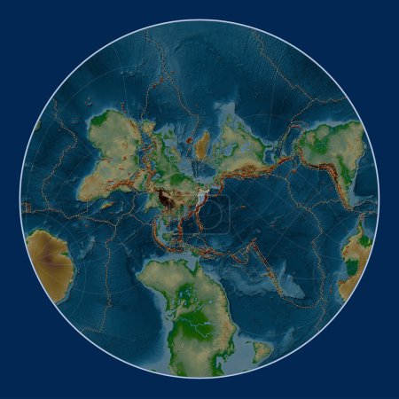 Téléchargez les photos : Plaque tectonique Okhotsk sur la carte physique de l'altitude dans la projection Lagrange Oblique centrée méridionale et latitudinale. Distribution des volcans connus - en image libre de droit