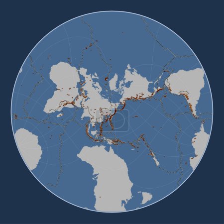 Téléchargez les photos : Plaque tectonique Okhotsk sur la carte de contour solide dans la projection Lagrange Oblique centrée méridionale et latitudinale. Distribution des volcans connus - en image libre de droit