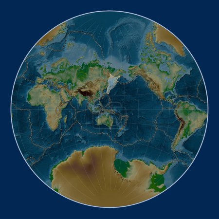 Téléchargez les photos : Okhotsk plaque tectonique sur la carte physique de l'altitude dans la projection Lagrange centrée méridionale. Limites des autres plaques - en image libre de droit