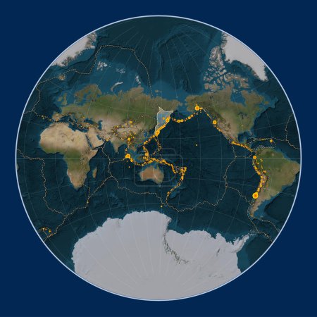 Téléchargez les photos : Plaque tectonique Okhotsk sur la carte satellite Blue Marble dans la projection Lagrange centrée méridionale. Lieux des tremblements de terre de plus de 6,5 magnitude enregistrés depuis le début du 17ème siècle - en image libre de droit