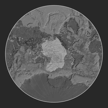 Foto de Placa tectónica del Pacífico en el mapa de elevación bilevel en la proyección de Lagrange centrada meridionalmente. Localizaciones de terremotos de magnitud superior a 6,5 registradas desde principios del siglo XVII - Imagen libre de derechos