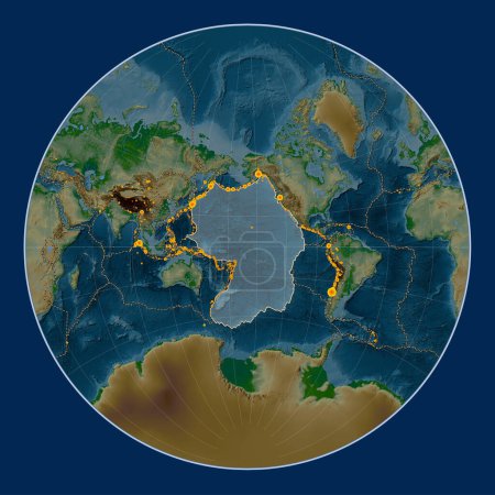 Téléchargez les photos : Plaque tectonique du Pacifique sur la carte physique de l'altitude dans la projection de Lagrange Oblique centrée méridionale et latitudinale. Lieux des tremblements de terre de plus de 6,5 magnitude enregistrés depuis le début du 17ème siècle - en image libre de droit