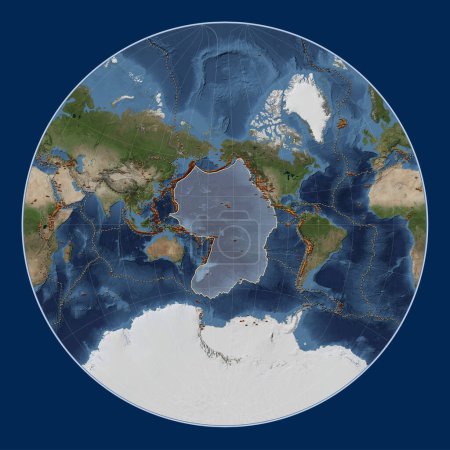 Foto de Placa tectónica del Pacífico en el mapa satélite de mármol azul en la proyección Lagrange Oblique centrada meridional y latitudinalmente. Distribución de volcanes conocidos - Imagen libre de derechos