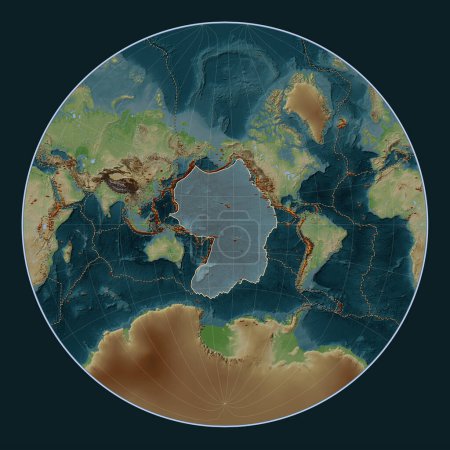 Foto de Placa tectónica del Pacífico en el mapa de elevación de estilo Wiki en la proyección Lagrange Oblique centrada meridional y latitudinalmente. Distribución de volcanes conocidos - Imagen libre de derechos