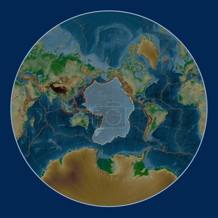 Téléchargez les photos : Pacific tectonic plate on the physical elevation map in the Lagrange projection centered meridionally. Distribution des volcans connus - en image libre de droit