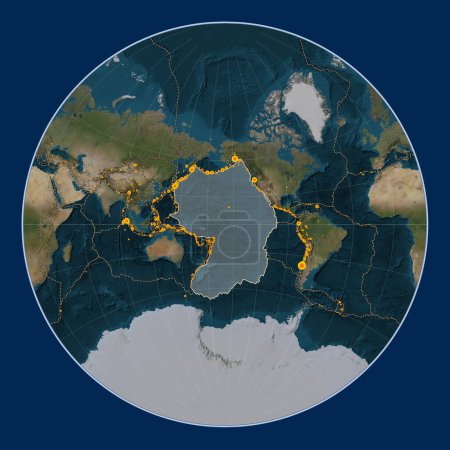 Foto de Placa tectónica del Pacífico en el mapa satélite de mármol azul en la proyección de Lagrange centrada meridionalmente. Localizaciones de terremotos de magnitud superior a 6,5 registradas desde principios del siglo XVII - Imagen libre de derechos