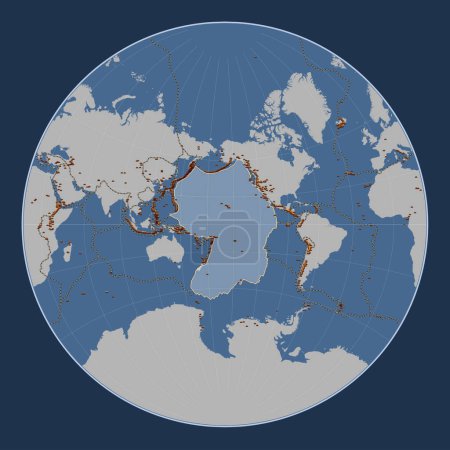 Foto de Placa tectónica del Pacífico en el mapa de contorno sólido en la proyección de Lagrange centrada meridionalmente. Distribución de volcanes conocidos - Imagen libre de derechos