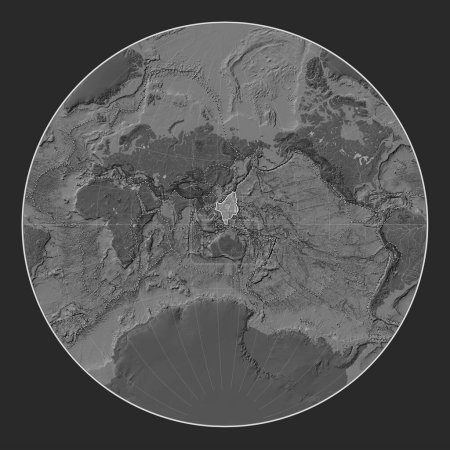 Photo for Philippine Sea tectonic plate on the bilevel elevation map in the Lagrange projection centered meridionally. Boundaries of other plates - Royalty Free Image