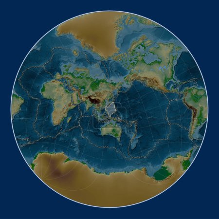 Téléchargez les photos : Plaque tectonique de la mer des Philippines sur la carte physique de l'altitude dans la projection Lagrange Oblique centrée méridionale et latitudinale. Limites des autres plaques - en image libre de droit