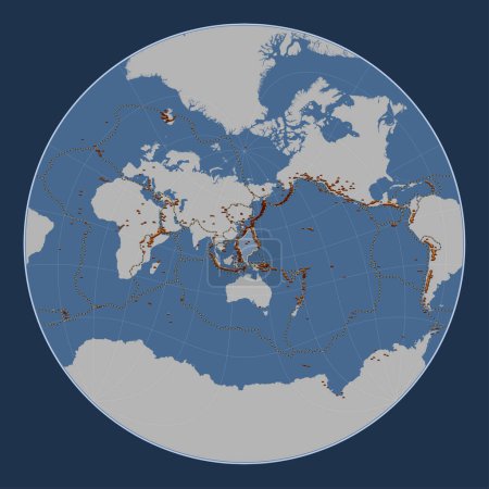 Téléchargez les photos : Plaque tectonique de la mer des Philippines sur la carte de contour solide dans la projection Lagrange Oblique centrée méridionale et latitudinale. Distribution des volcans connus - en image libre de droit