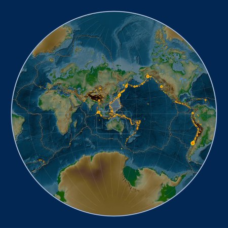 Foto de Placa tectónica del Mar de Filipinas en el mapa de elevación física en la proyección de Lagrange centrada meridionalmente. Localizaciones de terremotos de magnitud superior a 6,5 registradas desde principios del siglo XVII - Imagen libre de derechos