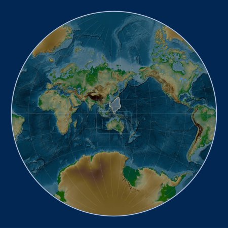 Photo for Philippine Sea tectonic plate on the physical elevation map in the Lagrange projection centered meridionally. - Royalty Free Image