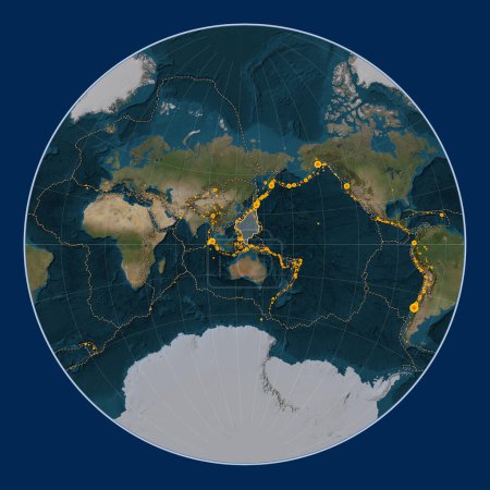 Foto de Placa tectónica del Mar de Filipinas en el mapa satélite de mármol azul en la proyección de Lagrange centrada meridionalmente. Localizaciones de terremotos de magnitud superior a 6,5 registradas desde principios del siglo XVII - Imagen libre de derechos