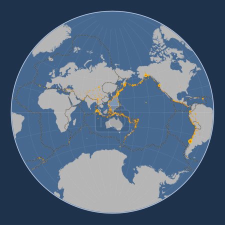 Foto de Placa tectónica del Mar de Filipinas en el mapa de contorno sólido en la proyección de Lagrange centrada meridionalmente. Localizaciones de terremotos de magnitud superior a 6,5 registradas desde principios del siglo XVII - Imagen libre de derechos